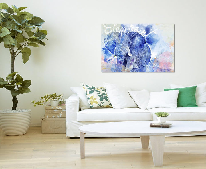 Paul Sinus Art Bild Leinwand 120x80cm Grosser Elefant in Blautönen mit Kalligraphie, 120x80cm