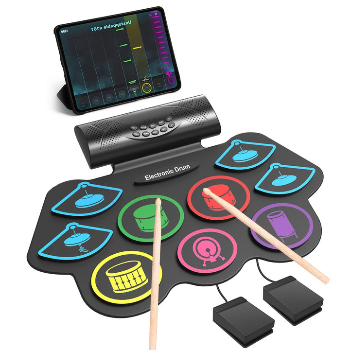 OYAYO Schlagzeug Elektronisch, 9 Pads Faltbares elektronisches schlagzeug mit Drumsticks, Tragrbares