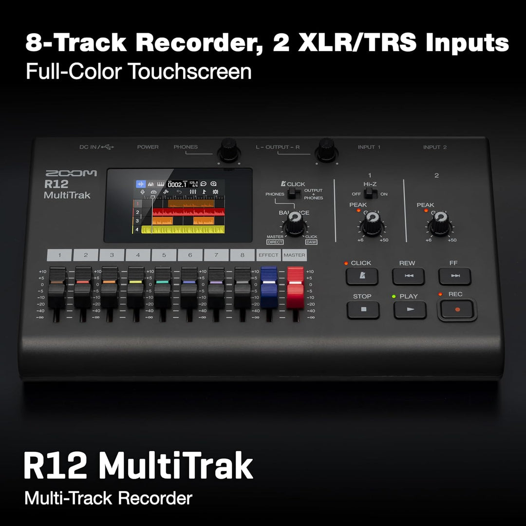 Zoom R12 Multi-Track-Recorder, tragbar, mit Touchscreen, Onboard-Bearbeitung, 8 Titel, 2 Kombi-Eingä