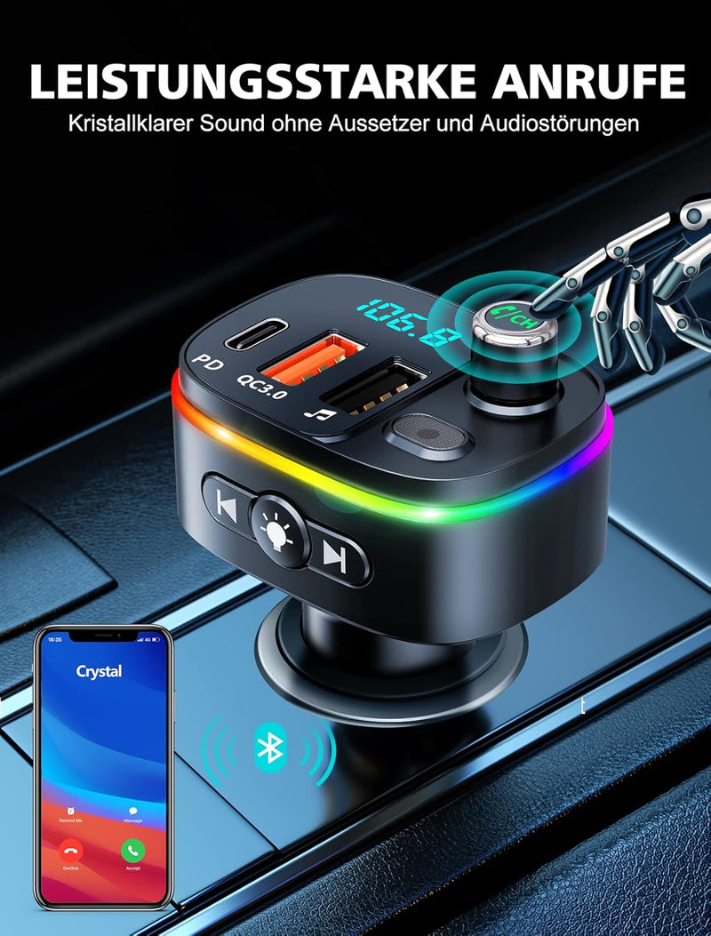 Mohard Bluetooth Adapter Auto, PD 18W&QC3.0 FM Transmitter Auto, 9 RGB Beleuchtungsmodi, 3 USB Ansch