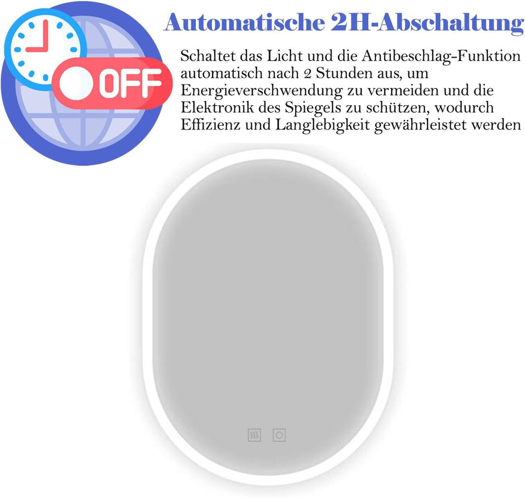 Ovaler Badspiegel mit Beleuchtung 50x70 cm LED Spiegel Bad mit Touch-Schalter Beschlagfrei Badezimme