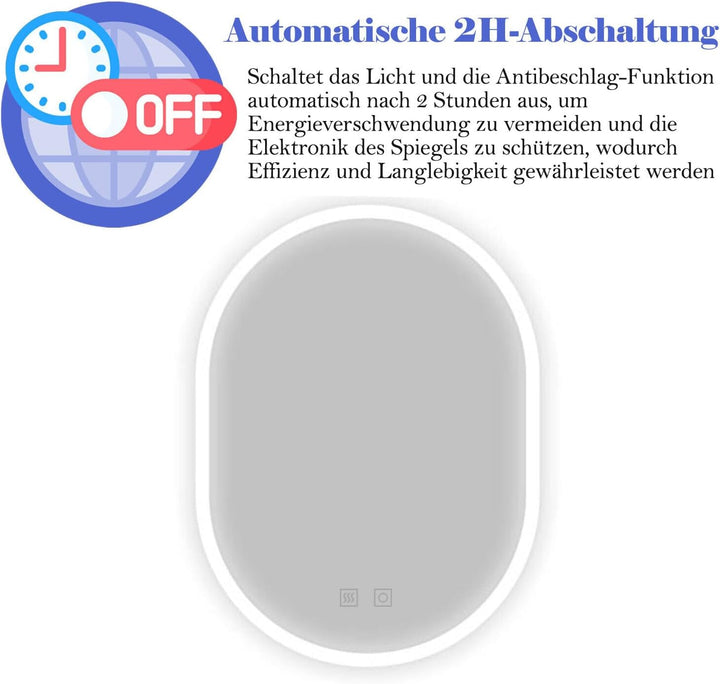 Ovaler Badspiegel mit Beleuchtung 50x70 cm LED Spiegel Bad mit Touch-Schalter Beschlagfrei Badezimme