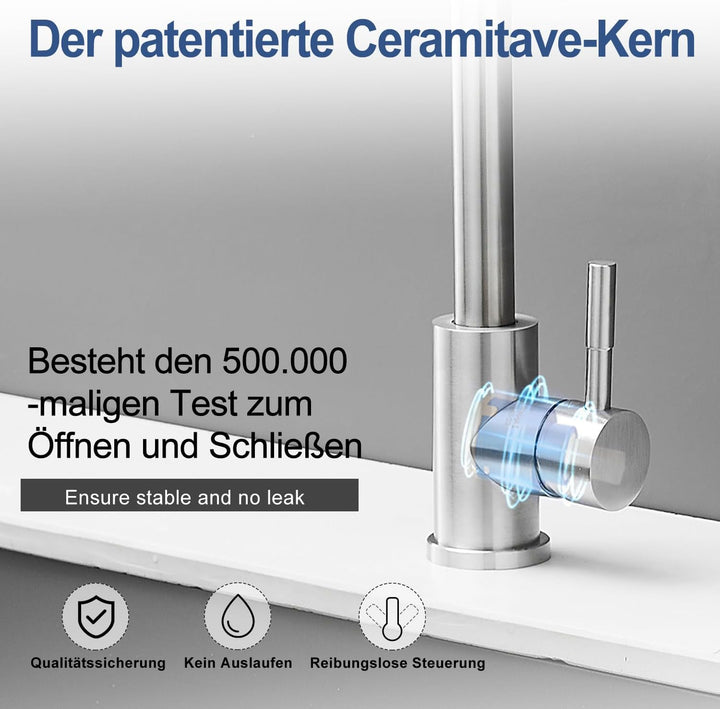 GENBONS Wasserhahn Küche, Küchenarmatur aus Edelstahl, 360° drehbarer L-förmiger Einhebelmischer, Ei