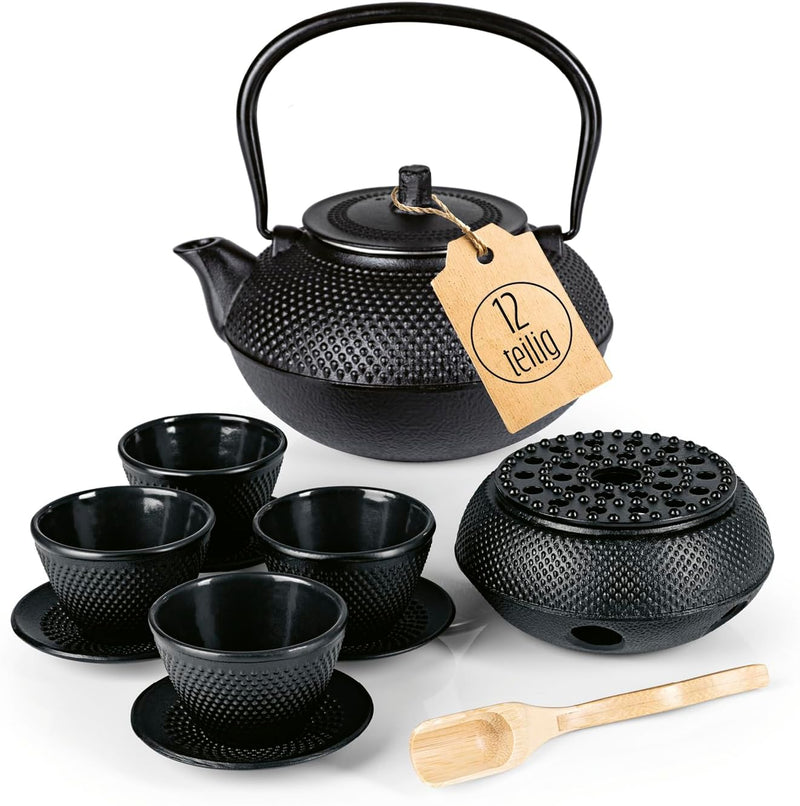 Lumaland Tee Set 12-teilig | 1,4 Liter Gusseiserne Teekanne Tetsubin | Stövchen aus Gusseisen | 4 Te