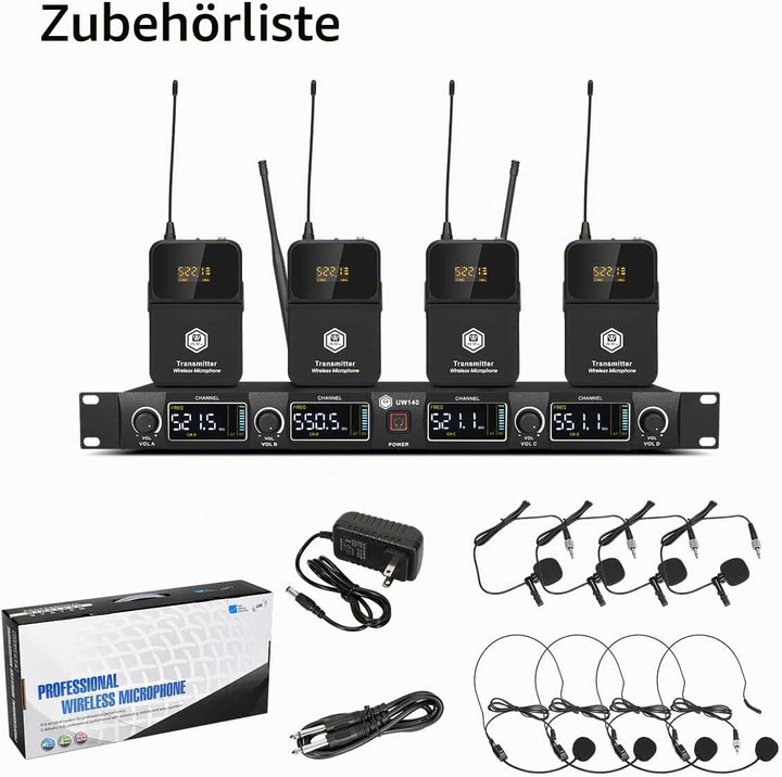 W IN-MIX Professionelles UHF-Funkmikrofonsystem, 4 Kanäle, 80 Meter Reichweite, mit Lavalier- und He