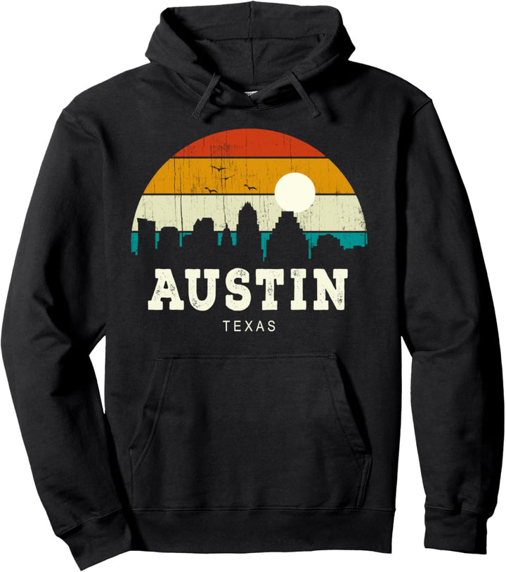 Vintage Retro Style Pine Tree Sunset Austin Texas skyline Pullover Hoodie