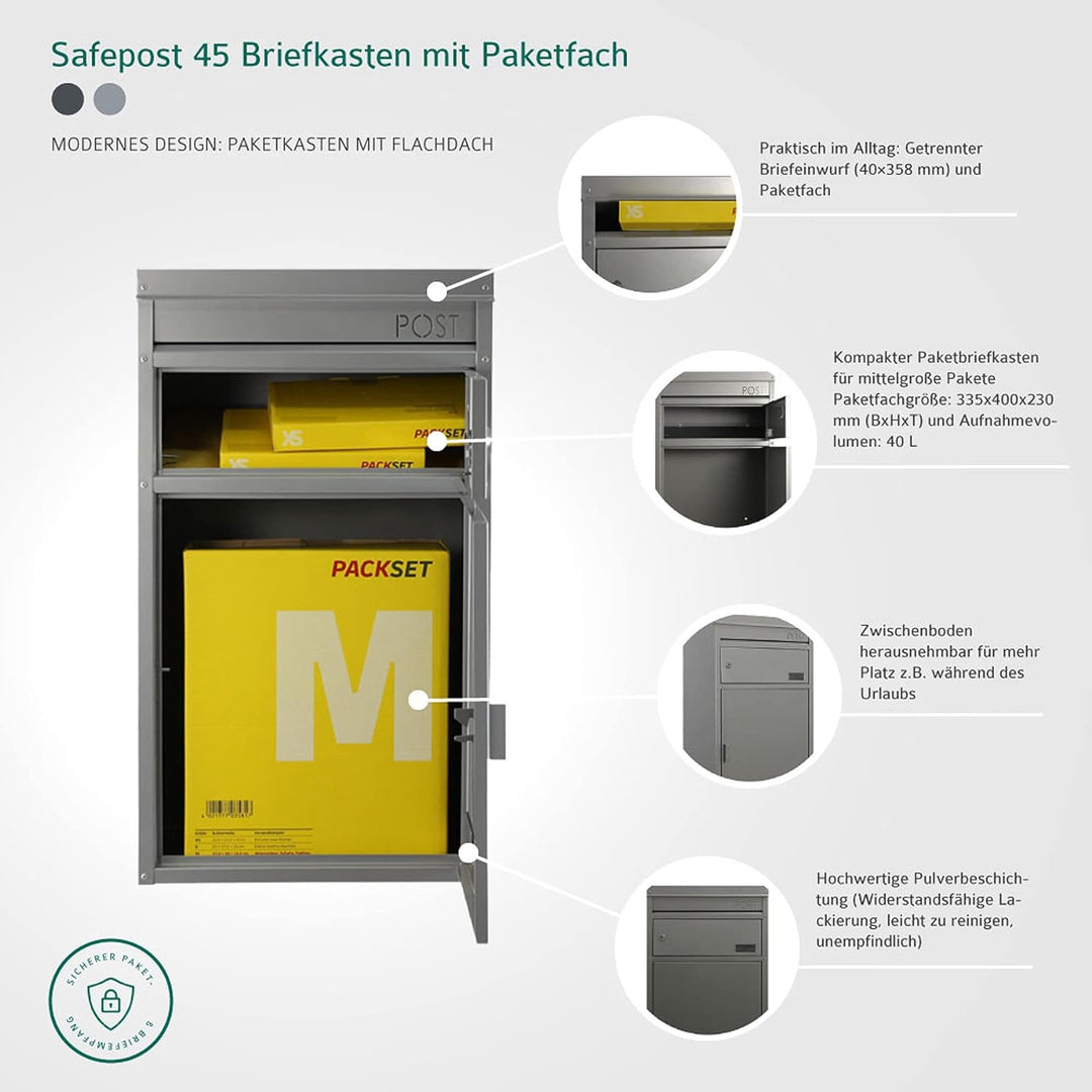 Paket-Briefkasten Safepost 45 silbergrau Design-Paketkasten moderne Paketbox RAL 9006