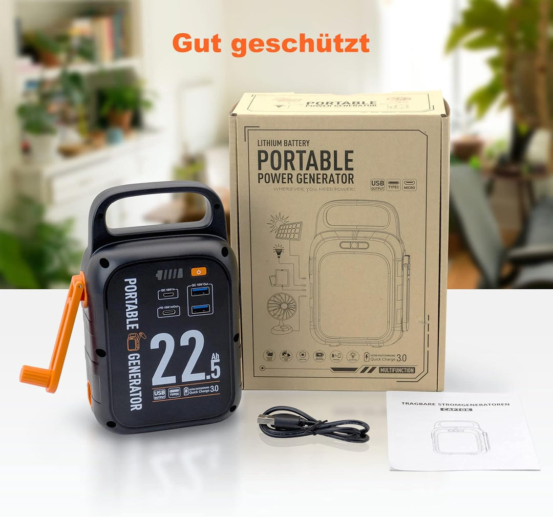 CAPTOK Kurbel Powerbank 22500mAh, Notstrom Akku 18W Schnellladen USB Typ-C, 83.25Wh Stromerzeuger Mi