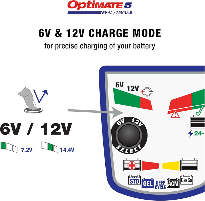 OptiMate 5 Select, TM320, 8-stufiges gekapseltes batterieschonendes 6V 4A / 12V 3A Lade- & Wartungsg