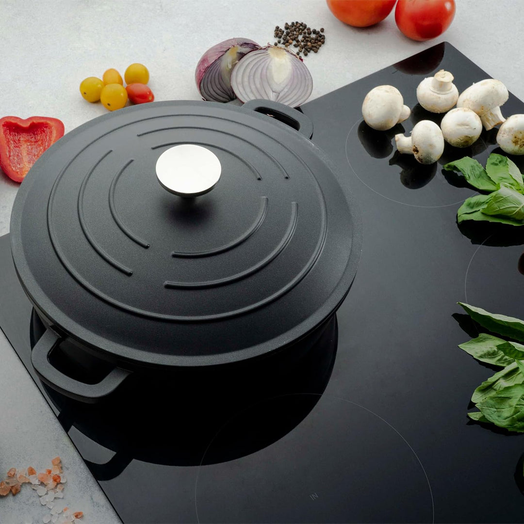 Commichef Flache Kasserolle, Auflaufform, Schwarz, Aluminiumguss, Mit Deckel, 32cm Durchmesser, 6 Li