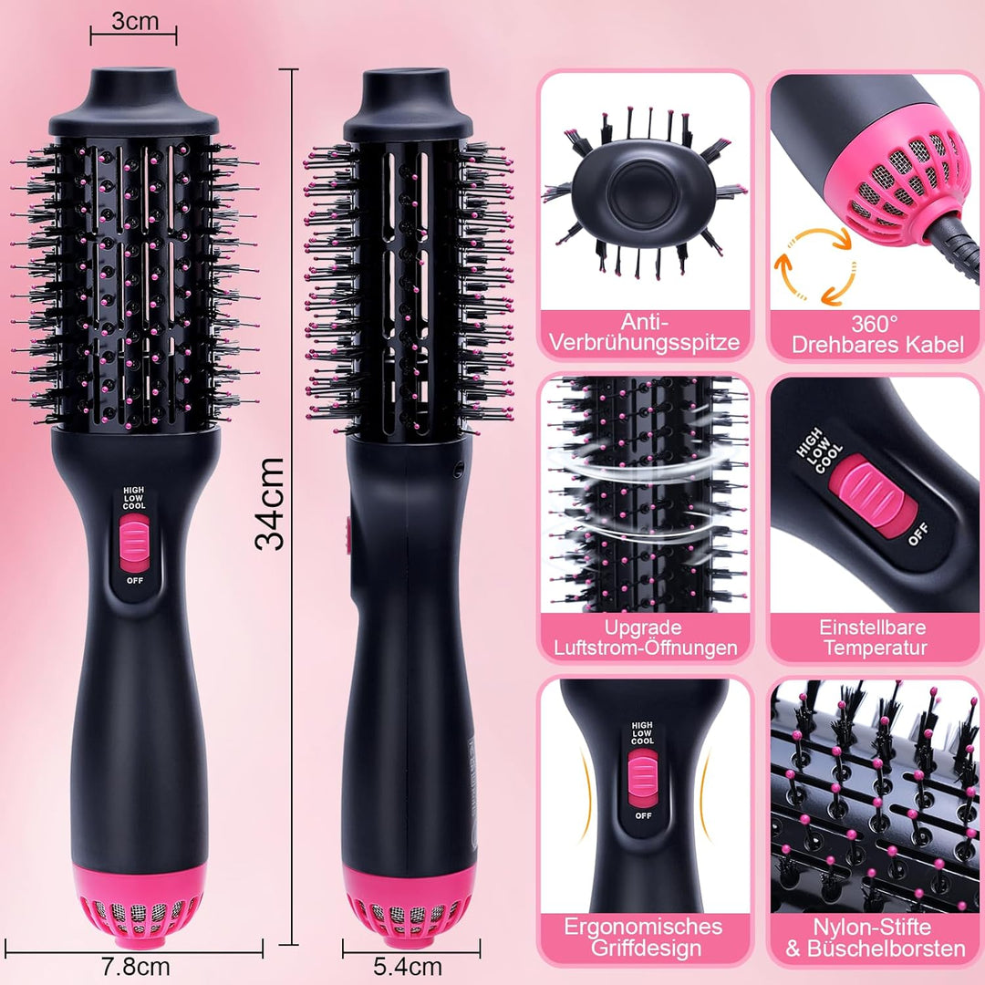 Warmluftbürste Rundbürstenföhn, One-Step Föhnbürste zum Haartrockner 4 In 1 Heissluftbürste mit 3 ei