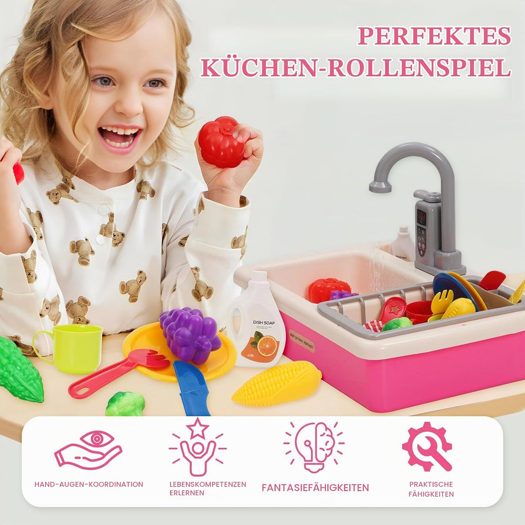 Spielspüle Kinder,Küchenspüle Spielzeug Set mit Wasserkreislauf,Elektrischem Wasserhahn,Rollenspiel-