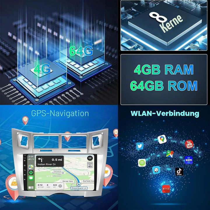 Hodozzy 8 Core 4G+64G Autoradio Android für Toyota Yaris/Vizi 2005-2011 9 Zoll IPS Touchscreen Bilds