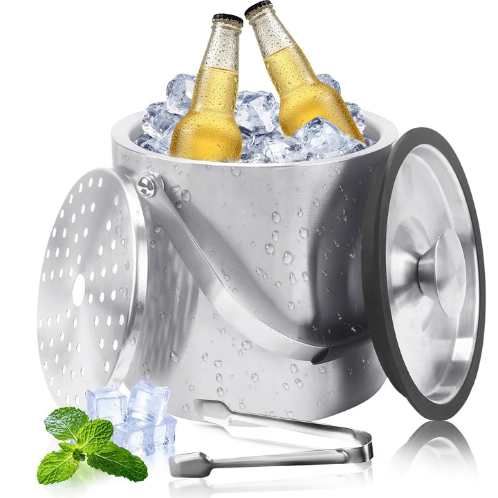 Eiswürfelbehälter Edelstahl, 4L Eiswürfelbehälter mit Deckel, Sieb Und Eiszange, Doppelwandig Isolie