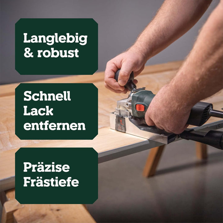 Metabo Lackfräse LF 850 S, zum Bearbeiten von unbehandeltem Holz, mit Metabox, Stufenlose Einstellun