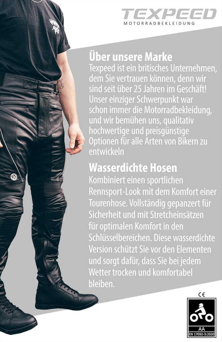 TEXPEED motorradhose leder wasserdicht herren mit protektoren - Schwarz Vollnarbiges Lederhose echtl