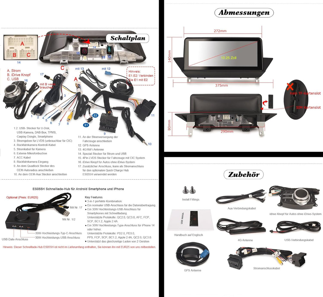 Erisin Android 14 Autoradio GPS mit Navigation für BMW X1 E84, 10.25 Zoll Auto Multimedia Player IPS