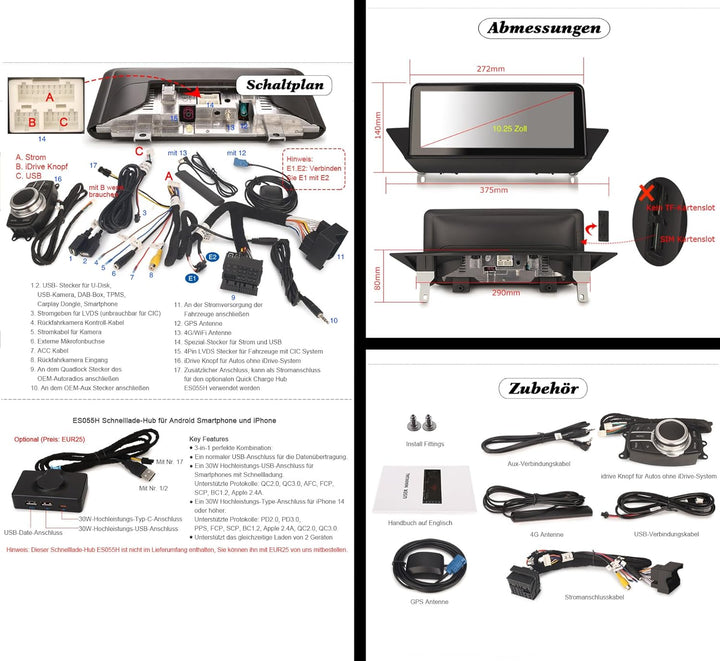 Erisin Android 14 Autoradio GPS mit Navigation für BMW X1 E84, 10.25 Zoll Auto Multimedia Player IPS