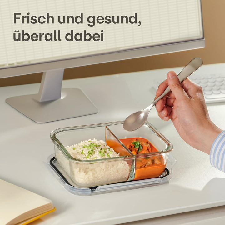 Praknu Meal Prep Boxen Glas 2 Fächer - 2er Set Glass Meal Prep Containers 1l - Luftdicht - Geeignet