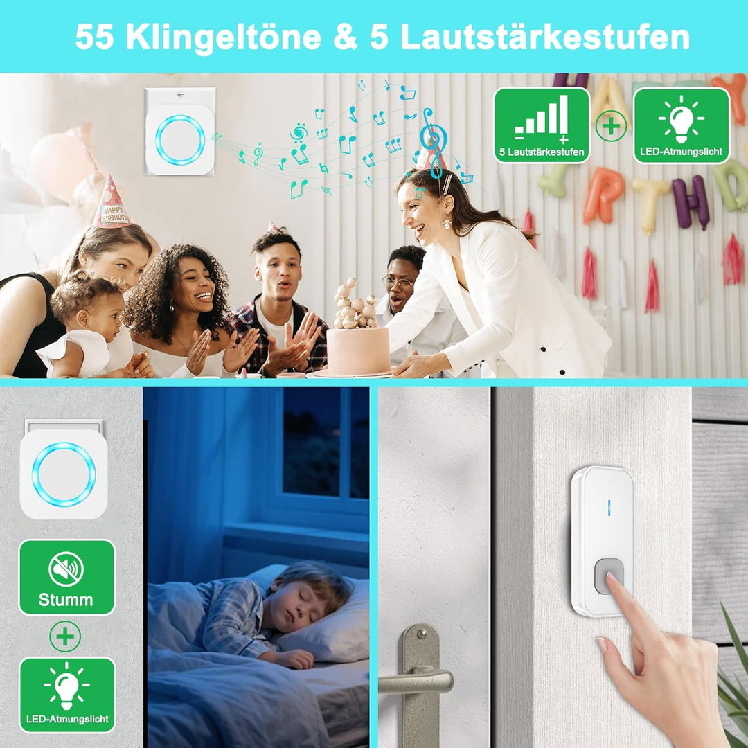 AIMAX Funkklingel mit 2 Sender und 3 Empfänger,klingel Haustür kit,400m Hohe Reichweite, IP55 Wasser