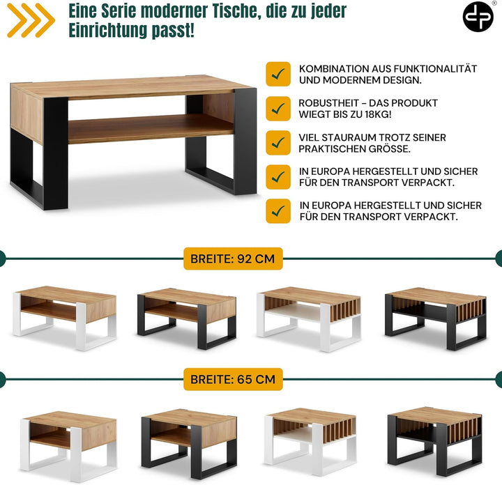 defiPad® Grosser Couchtisch mit Stauraum | Modern Wohnzimmertisch Eiche | 92CM Breite Kaffeetisch |