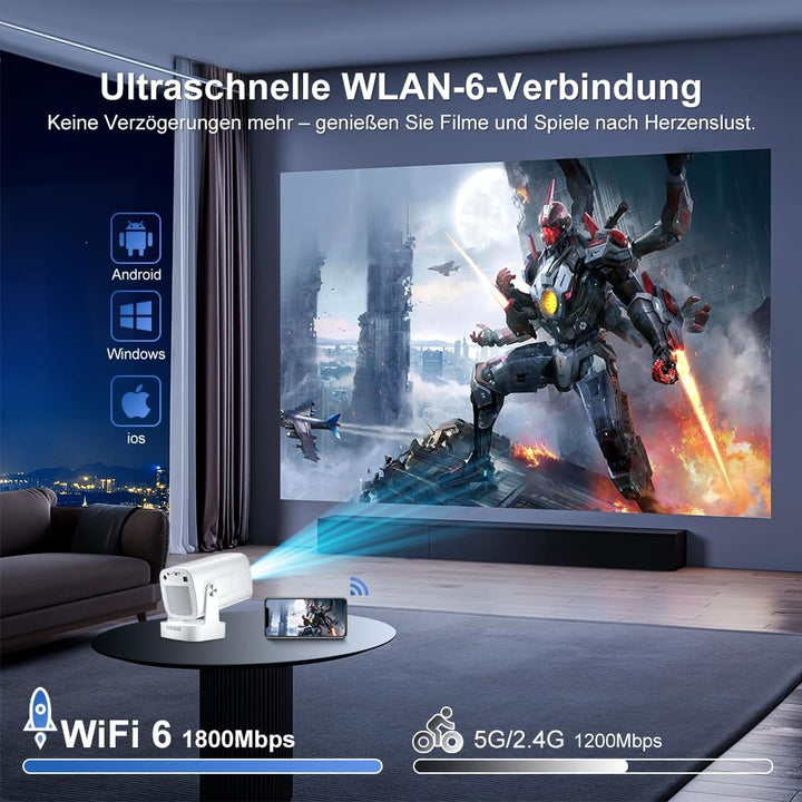 Beamer 4K HY260pro,Mini Beamer heimkino mit WiFi 6 Bluetooth 5.4,1080P Full HD mit Android TV,180° R