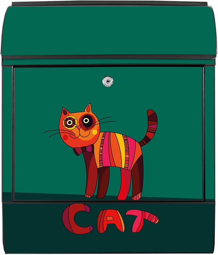banjado® Design Briefkasten mit Motiv Orange Katze 39x47x14cm &amp; 2 Schlüssel - Briefkasten Stahl schw