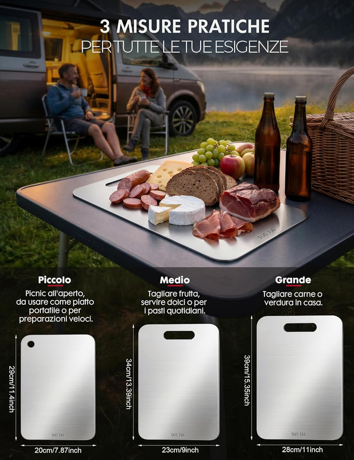 Titan Schneidebrett Set 3 Stück - S316 Edelstahl Schneidebrett, Titanium Cutting Board, Doppelseitig