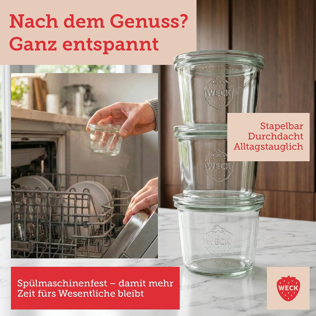 Weck Gläser 65ml – 12er Set mit Deckeln – Sturzform – robuste, stapelbare Dessertgläser, Einkoch- &