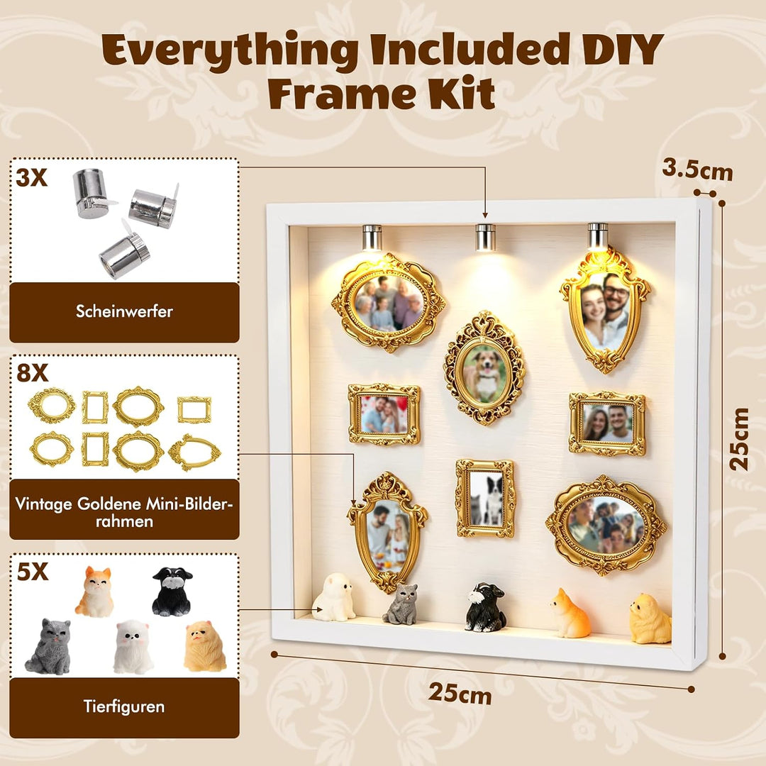 Upgrade DIY Mini Museum Bilderrahmen Set, Schattenbox mit seitlich öffnender Acrylfront & LED-Licht,