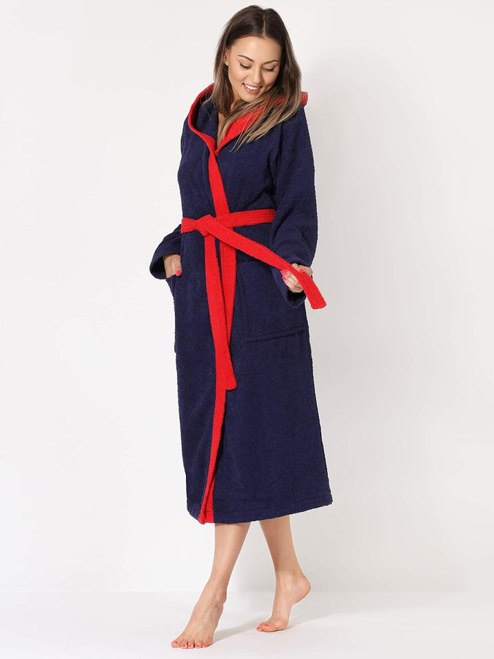 Ladeheid Damen Frottee Bademantel mit Kapuze aus 100% Baumwolle LA40-102 S Dunkelblau-29/Rot-26, S D