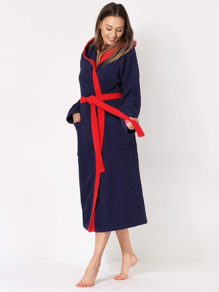 Ladeheid Damen Frottee Bademantel mit Kapuze aus 100% Baumwolle LA40-102 S Dunkelblau-29/Rot-26, S D