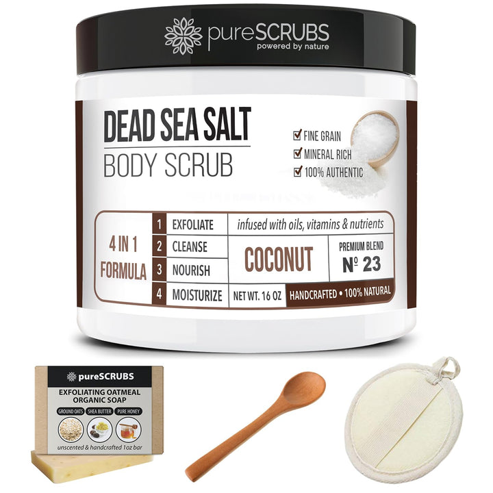 Premium Bio-Körperpeeling-Set – Grosses 473 ml Kokosnuss-Körperpeeling – reines Salz aus dem Toten M