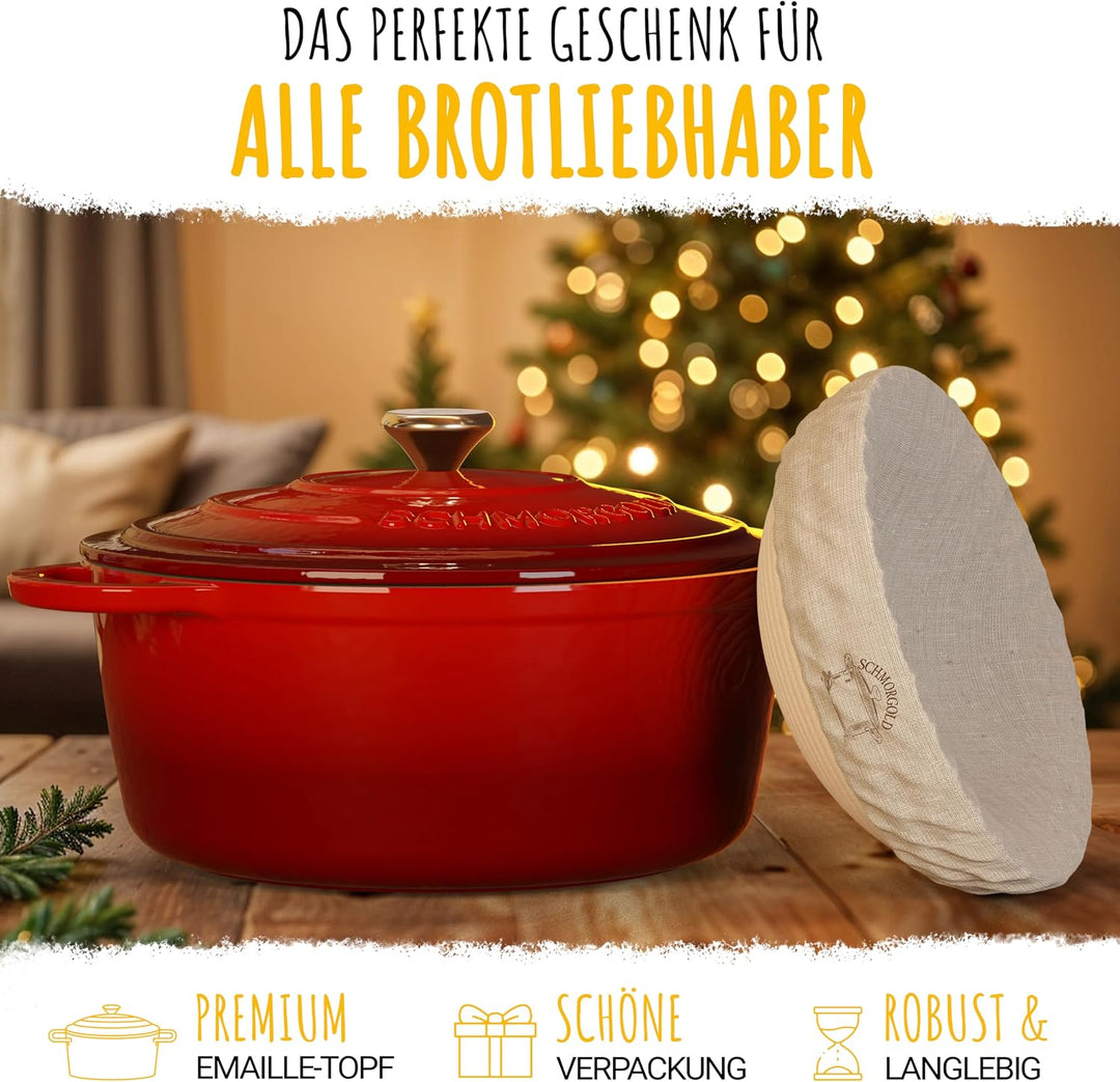 SCHMORGOLD Brotbackform 26cm inkl. Gärkorb - Gusseisen Topf zum Brot Backen - emaille Topf, Schmorto