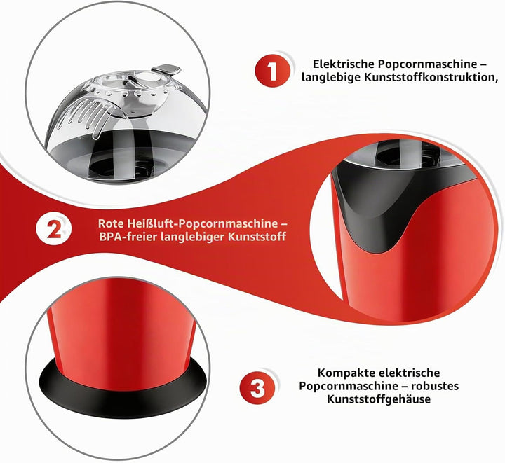Popcornmaschine, 1200w Heissluft Popcorn Maker, Popcorn-Maschinen Mit Messbecher, Transparenter Deck