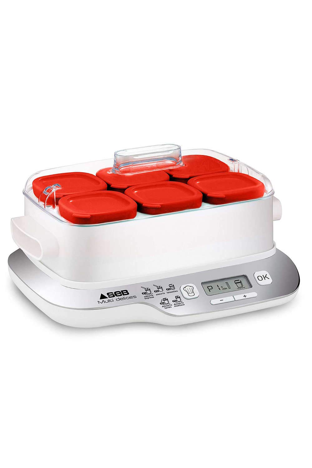 Seb YG660100 Joghurtbereiter, 6 rote Töpfe, Joghurt, 5 automatische Programme, Milchdesserts, weisse