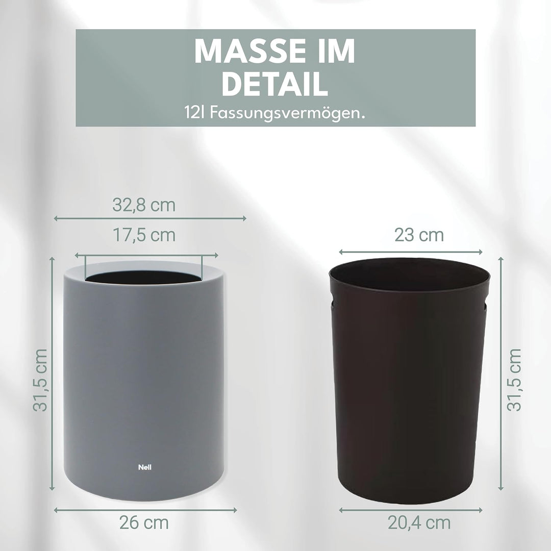 Papierkorb | 12L | Grau Matt | Ohne Deckel | Idealer Mülleimer fürs Büro & Schreibtisch | Tischmülle