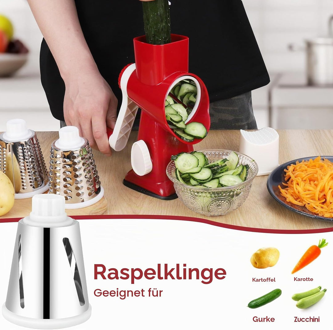 Dreamhigh Käsereibe mit Kurbel, Gemüseschneider 3 Edelstahl Austauschbaren Trommelklingen, Manuelle