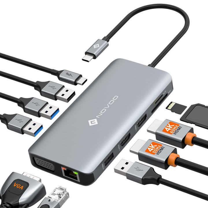 NOVOO Docking Station USB C Triple Display USB C Dual 4K HDMI USB C Hub VGA Adapter Gigabit Ethernet