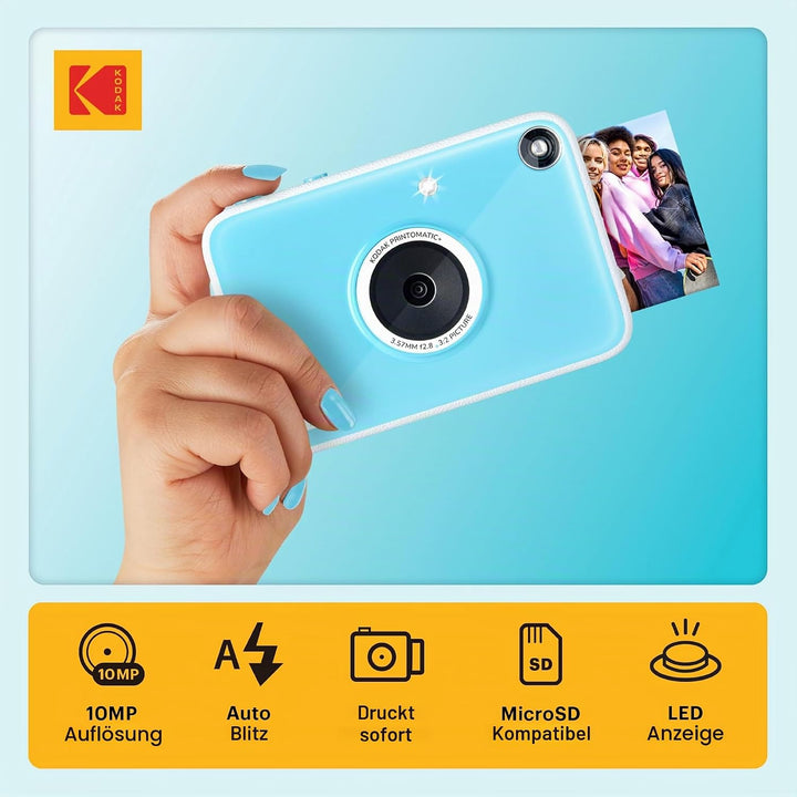 Kodak Printomatic+ Sofortbild Digitalkamera 10MP mit RGB LED, druckt Vollfarb-Fotos auf Zink 2x3” Pa