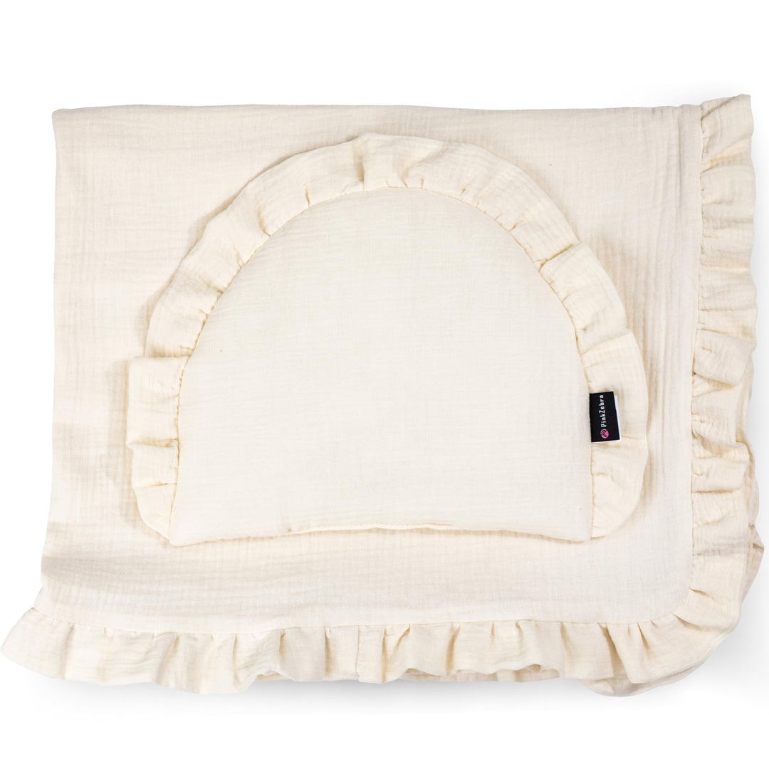 PinkZebra GOTS Musselin-Bettwäsche mit Rüschen für Babys, Set Babybettwäsche: weiches Flachkissen +