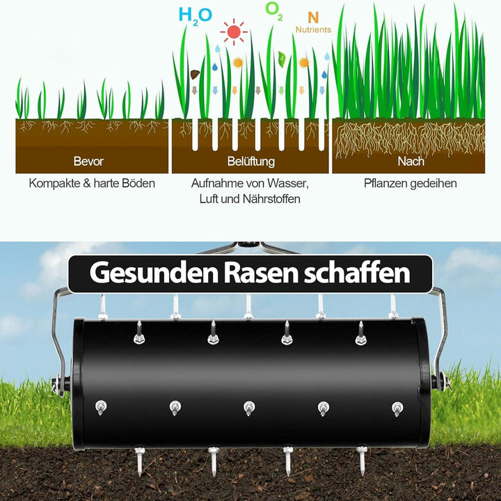 SOARS Rasenlüfter Walze, Rasenbelüfter mit 3,5cm Nägeln & Stiel, Handvertikutierer befüllbar, Garten