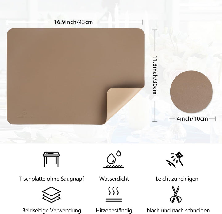 Tischsets Abwaschbar,Platzsets Abwischbar,Tischset Leder,Hitzebeständig Doppelseitigen I 6er Set Pla