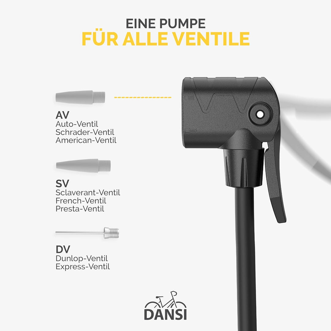DANSI Stand-Fahrradpumpe alle Ventile AV, SV, DV - Luftpumpe Fahrrad Inklusive Grossem Manometer, Ad