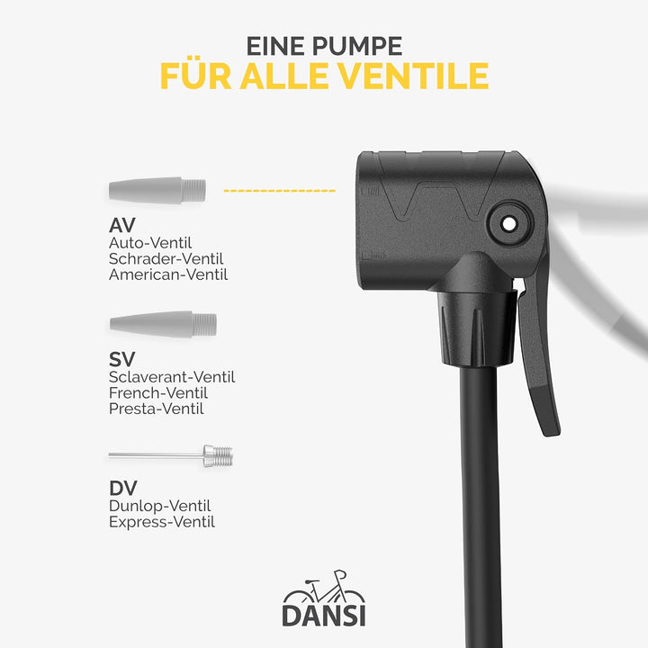 DANSI Stand-Fahrradpumpe alle Ventile AV, SV, DV - Luftpumpe Fahrrad Inklusive Grossem Manometer, Ad