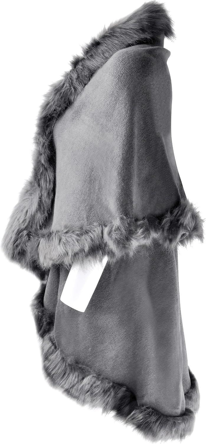 ZLYC Damen Winter Kunstpelz Poncho Strick Schal Stola Warm Cape Cardigan Grau, Grau