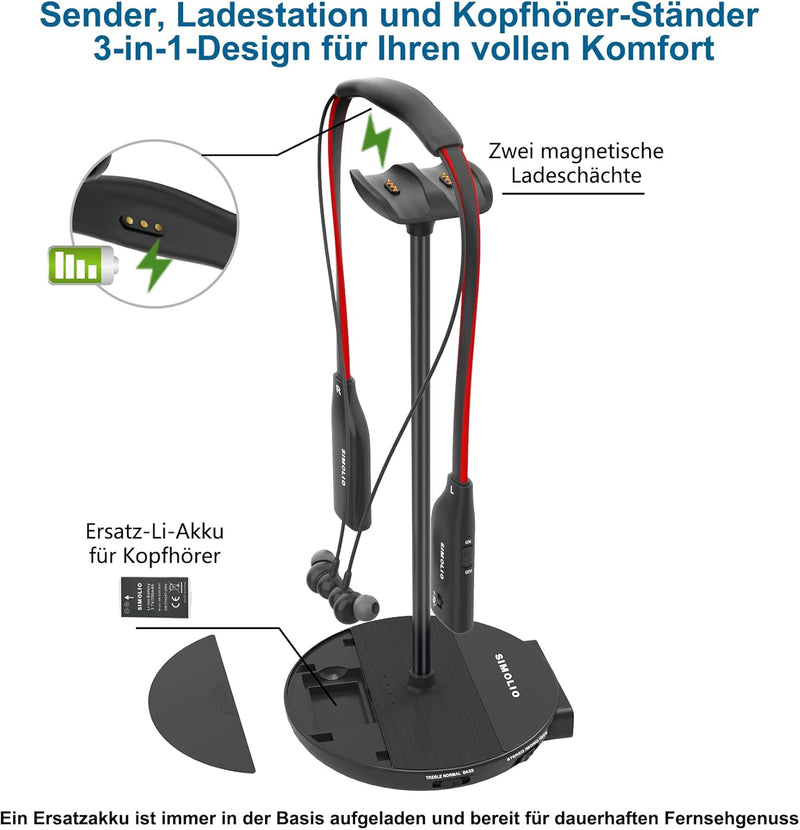 SIMOLIO TV Kopfhörer Kabellos mit Sendeladestation, Funkkopfhörer für Fernseher mit Ersatzbatterie f