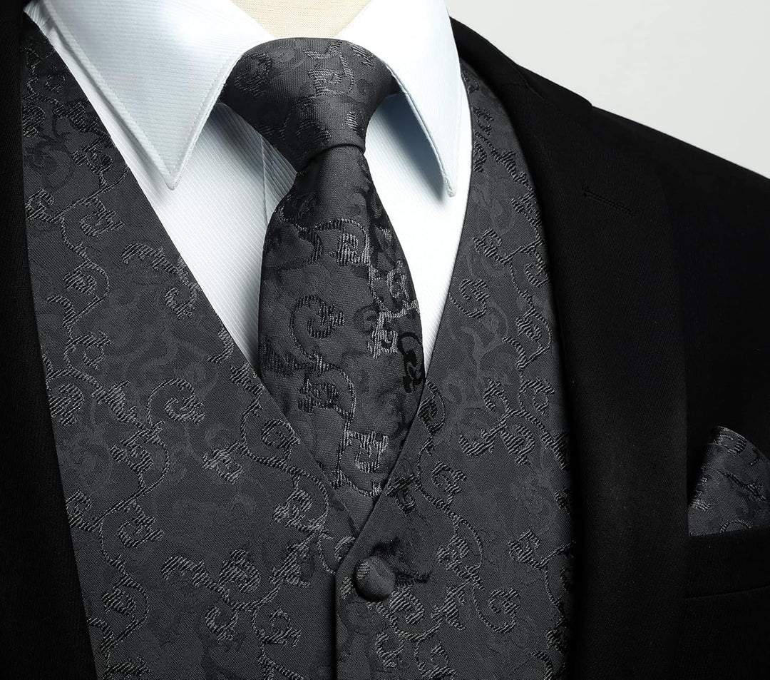 HISDERN Herren FLoral Hochzeit Weste Krawatte Einstecktuch Taschentuch Jacquard Weste Anzug Set S Sc
