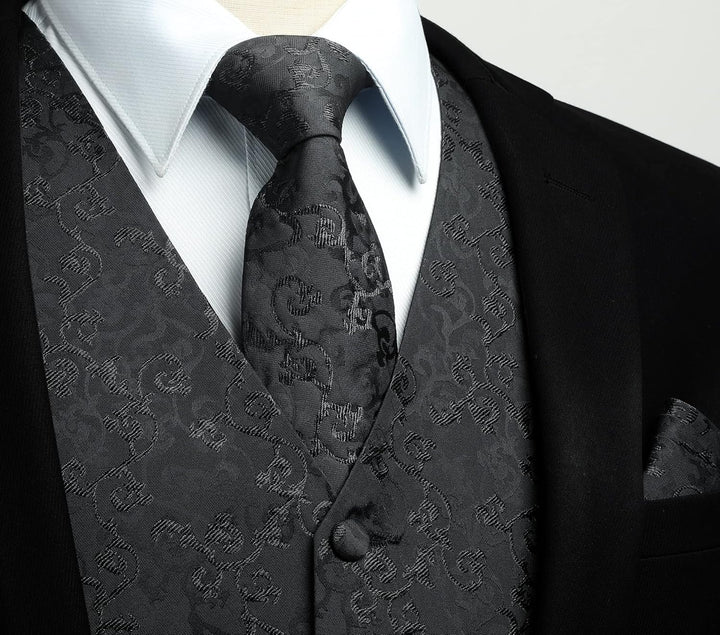 HISDERN Herren FLoral Hochzeit Weste Krawatte Einstecktuch Taschentuch Jacquard Weste Anzug Set S Sc