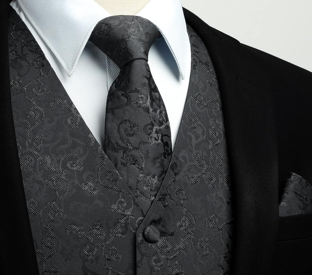HISDERN Herren FLoral Hochzeit Weste Krawatte Einstecktuch Taschentuch Jacquard Weste Anzug Set M Sc